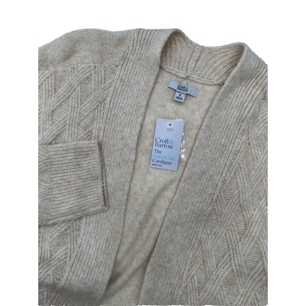 Croft‎ & Barrow The Extra Cozy Cardigan Womens 1X Beige Cable Knit Soft Open NEW